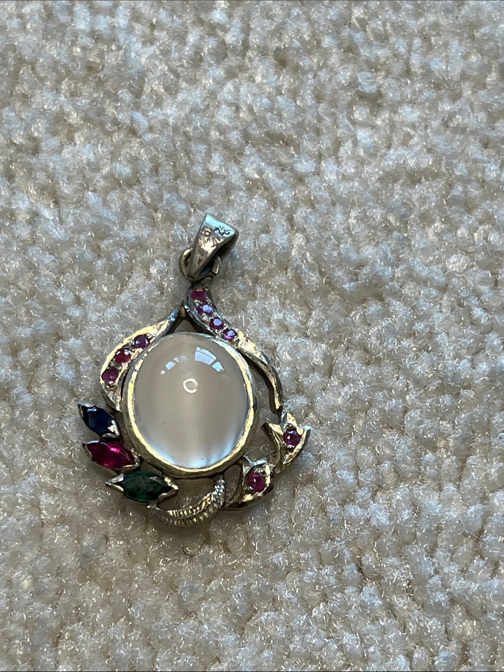 Vintage Moonstone, Garnet and silver pendant.